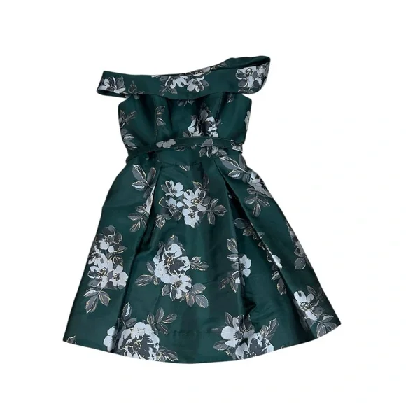Eliza J Off the Shoulder Emerald Green Brocade Floral Belted Dress Sz 10 - Picture 9 of 16